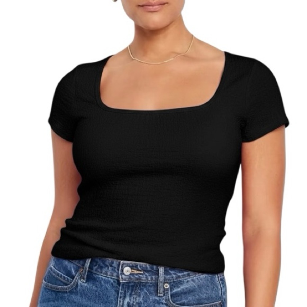 Old Navy Black Fitted Square-Neck Short Sleeve T-Shirt Large 846674 Stretch